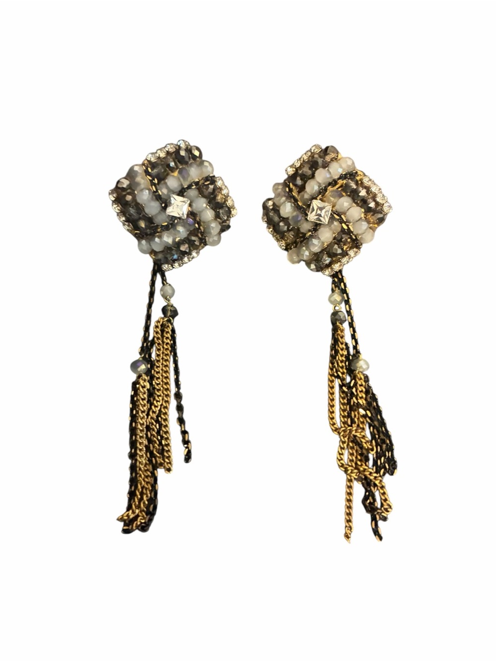 Woven Beaded Square Stud Earrings with Gold & Gunmetal Chain Tassels